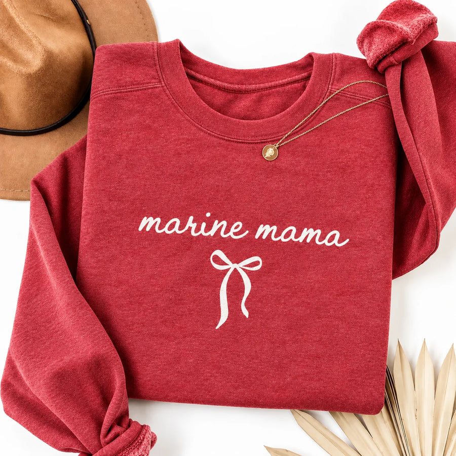 Marine Mama bow crewneck sweatshirt in red, flat lay