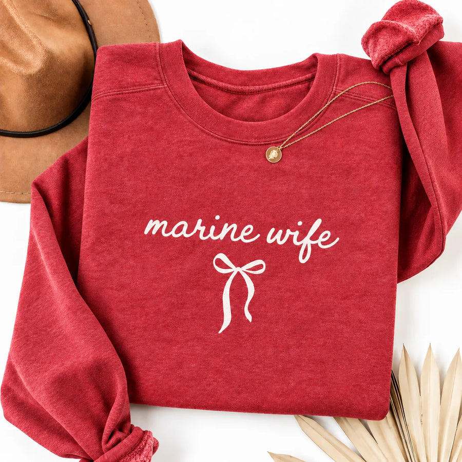 Marine Wife bow crewneck sweatshirt in red, flat lay