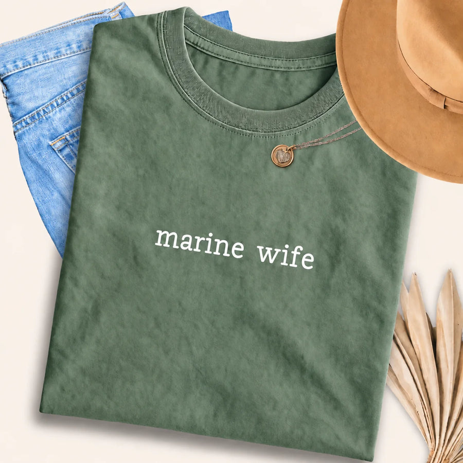 Marine Wife typewriter t-shirt in military green, flat lay