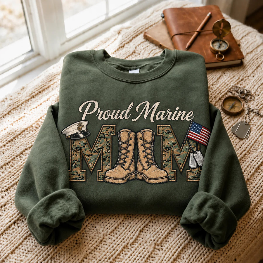 Proud Marine Mom boots crewneck sweatshirt in military green, flat lay