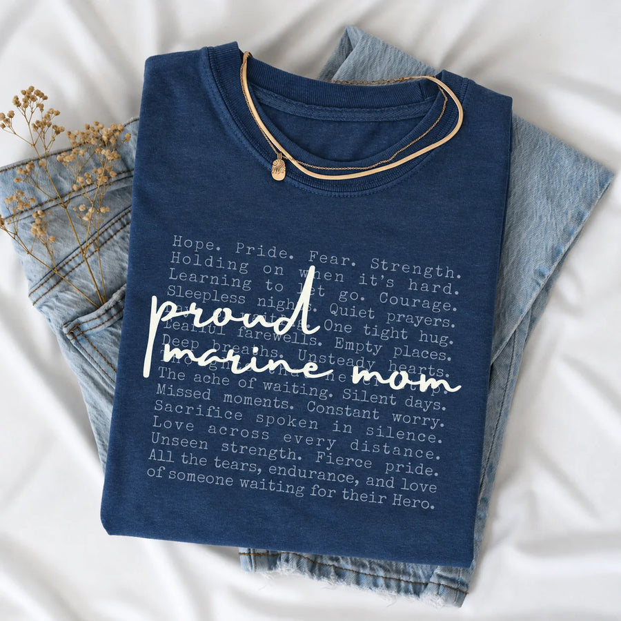 Proud Marine Mom letter t-shirt in navy, flat lay